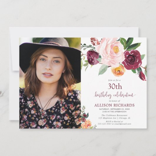 Herfst bloemenbordeaux blozen roze verjaardagsfoto kaart (Voorkant)
