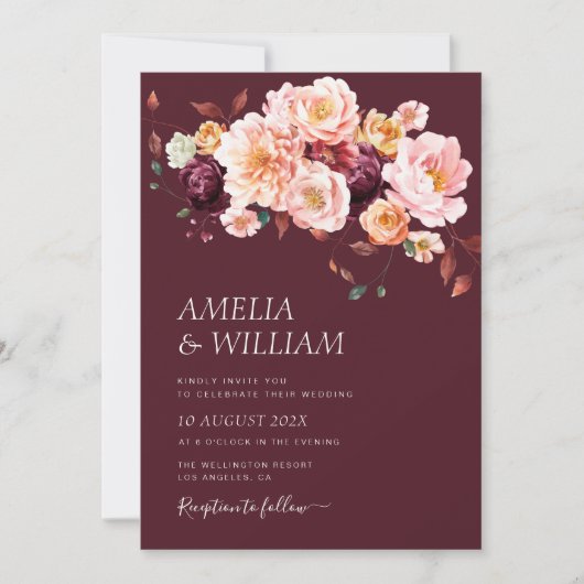 herfst bloemenbordeaux bruiloft Uitnodiging (Voorkant)