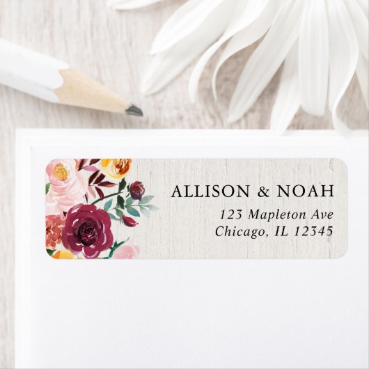 Herfst bloemenbruiloft rustieke waterverf bordeaux etiket (Insitu)