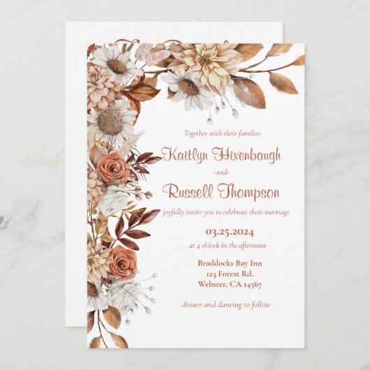 Herfst bloemenbruiloft uitnodiging (Voorkant / Achterkant)