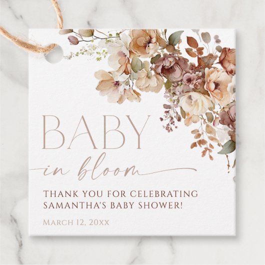 Herfst Bloemenbruine Neutrale baby in Bloomdouche Bedankjes Labels (Voorkant)