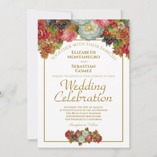 herfst bloemengoud wit marsala bruiloft kaart (Voorkant)