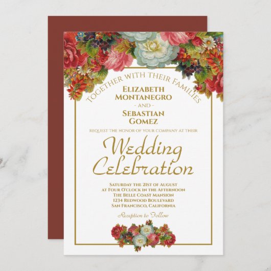 herfst bloemengoud wit marsala bruiloft kaart (Voorkant / Achterkant)