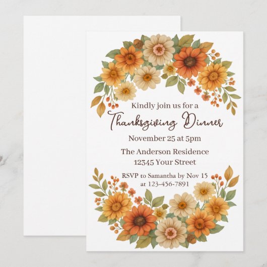 Herfst Bloemenkrans - Elegant Thanksgiving Diner Kaart (Voorkant / Achterkant)