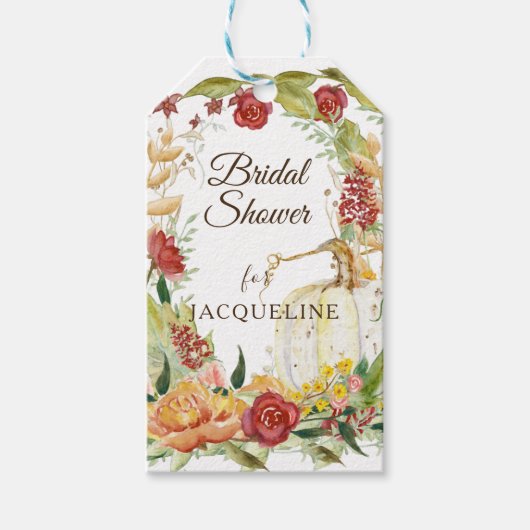 Herfst bloemenkrans wit pompoen Vrijgezellenfeest Cadeaulabel (Voorkant)