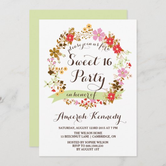 Herfst Bloemenkrans Zoet Zestien Uitnodiging (Voorkant / Achterkant)