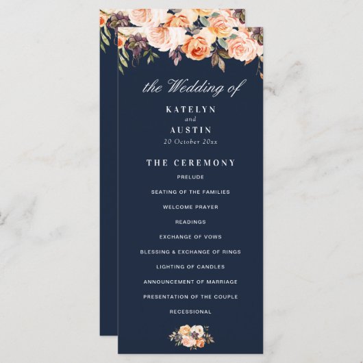 herfst bloemenmarine blauw bruiloft programma programmakaart (Voorkant / Achterkant)