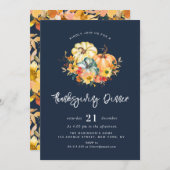 herfst bloemenmarine blauw Thanksgiving Diner Kaart (Voorkant / Achterkant)