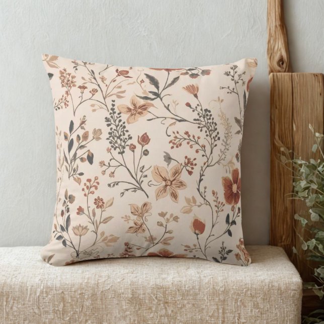  Herfst Bloemenpatroon op Crème Rustiek Herfst Kussen (Vintage neutral tone floral throw pillow)