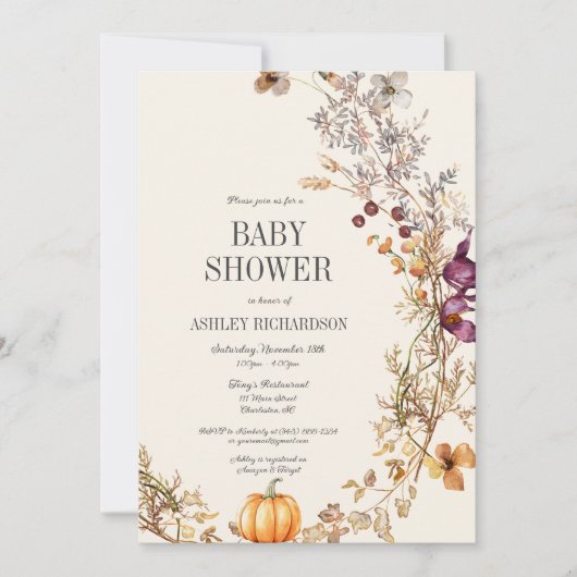 Herfst Bloemenpompoen Boho Baby shower Uitnodiging (Voorkant)