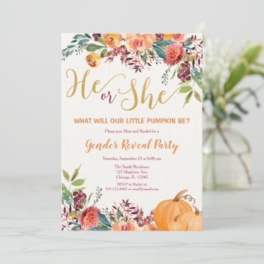 Herfst Bloemenpompoen Geslacht onthullen Uitnodigi Kaart (Staand voorkant)