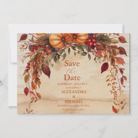 Herfst Bloemenpompoen rustieke bruiloft Save The Date (Voorkant)