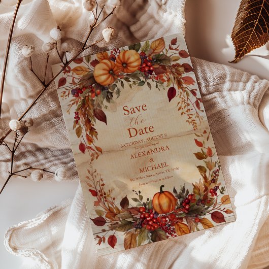 Herfst Bloemenpompoen rustieke bruiloft Save The Date