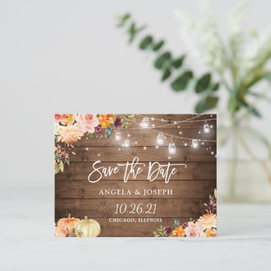 Herfst Bloemenpompoenen String Lights Save the Dat Uitnodiging Briefkaart (Staand voorkant)