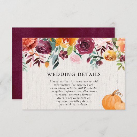Herfst bloemenpompoenen waterverf bruiloft details informatiekaartje (Voorkant / Achterkant)