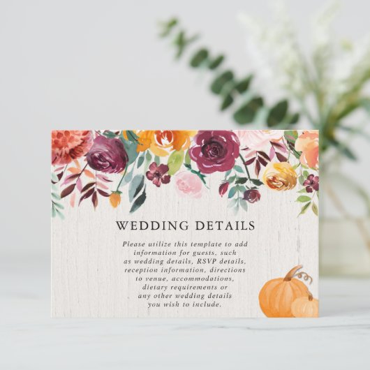 Herfst bloemenpompoenen waterverf bruiloft details informatiekaartje (Staand voorkant)