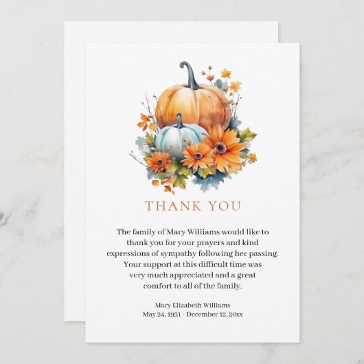 Herfst Bloemenrouwbegrafenis Dank u Bedankkaart (Voorkant / Achterkant)