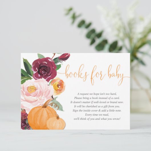 Herfst bloemenroze bordeauxrood baby shower Boekaa Informatiekaartje (Staand voorkant)