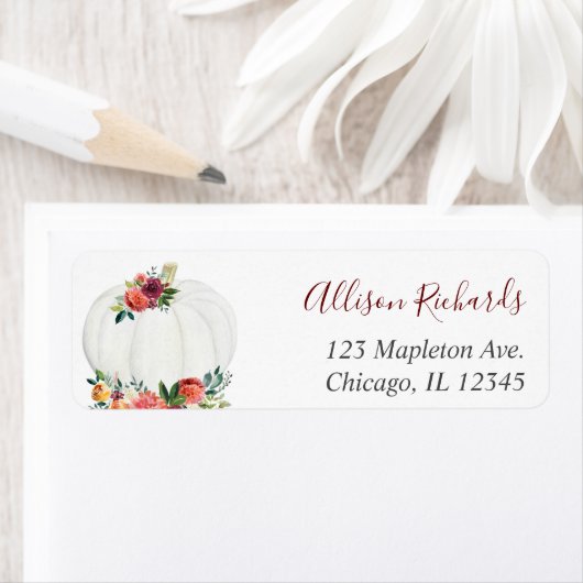 Herfst bloemenrustieke bordeaux witte pompoen etiket (Insitu)