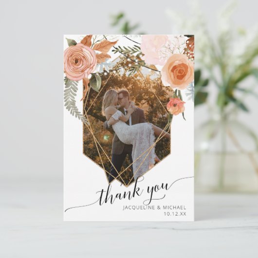 Herfst bloemig blad rustiek geometrisch goud foto bedankkaart (Staand voorkant)