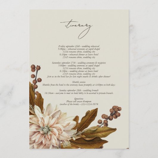 Herfst Bloemige Aquarel Trouw Itinerarium Programmakaart (Achterkant)