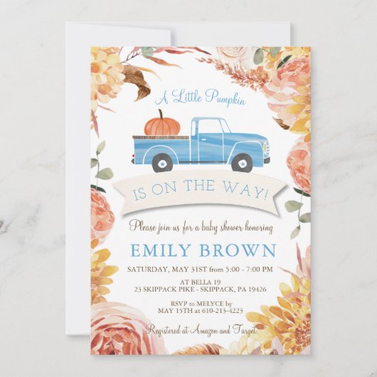 Herfst bloemige blauwe kleine POMPOEN jongen BABY Kaart (Voorkant)