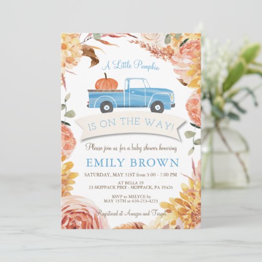 Herfst bloemige blauwe kleine POMPOEN jongen BABY Kaart (Staand voorkant)