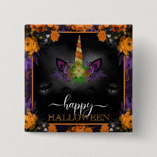 Herfst Bloemige Eenhoorn Gezicht Gelukkig Hallowee Vierkante Button 5,1 Cm
