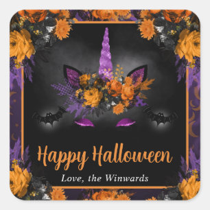 Herfst Bloemige Eenhoorn Gezicht Gelukkig Hallowee Vierkante Sticker