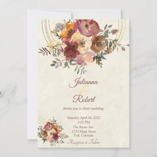 Herfst bloemige en gouden aangepaste trouwuitnodig kaart (Voorkant)