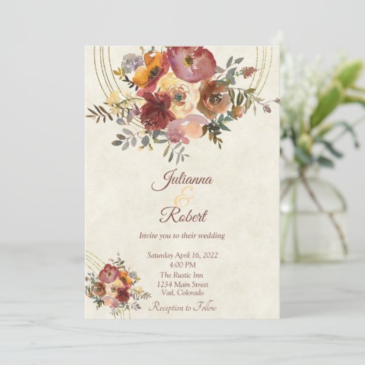 Herfst bloemige en gouden aangepaste trouwuitnodig kaart (Staand voorkant)