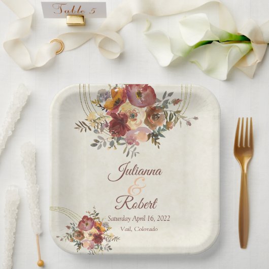 Herfst bloemige en gouden bruiloft papieren bordje (Huwelijk)