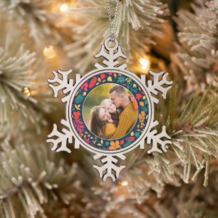 Herfst Bloemige Familie Bladeren Foto Tin Sneeuwvlok Ornament