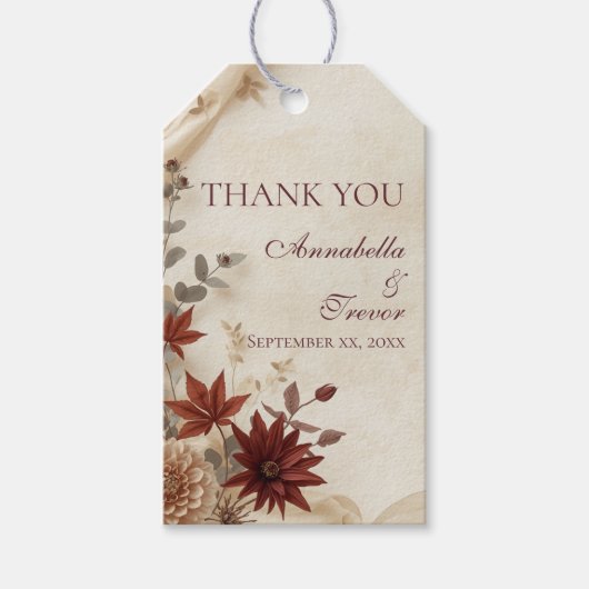 Herfst Bloemige Gebladerte & Linnen Herfst Bruilof Cadeaulabel (Voorkant)