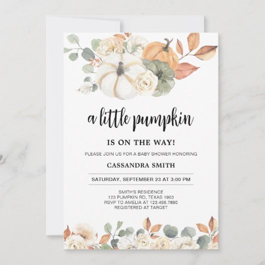 Herfst Bloemige Kleine Pompoen Baby Shower  Kaart (Voorkant)