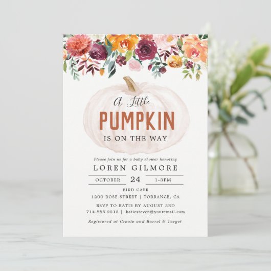 Herfst Bloemige Kleine Pompoen Baby Shower Kaart (Staand voorkant)