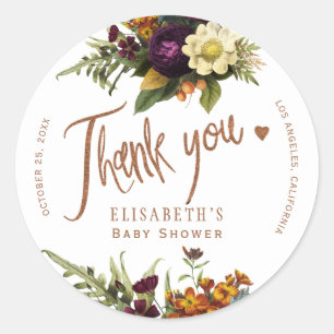 Herfst bloemige koperen baby shower bedankt ronde sticker