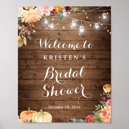 Herfst bloemige Mason Jar lichten Bruidsfeest bord Poster (Voorkant)