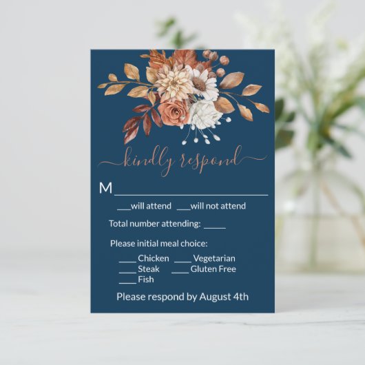 Herfst bloemige Navy Blue Enclosure RSVP Kaart (Staand voorkant)