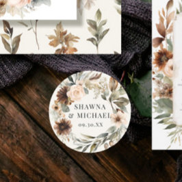 Herfst Bloemige Perzik Terracotta Waterverf Trouw Ronde Sticker