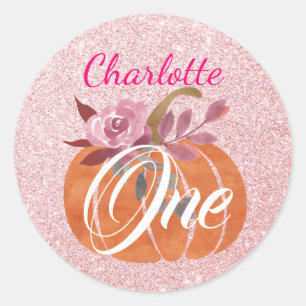 Herfst Bloemige Pompoen 1e Verjaardag Rose Goud Ronde Sticker