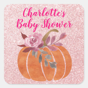 Herfst Bloemige Pompoen Baby Shower Roze Goud Vierkante Sticker