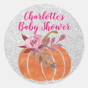 Herfst Bloemige Pompoen Baby Shower Roze Zilver Ronde Sticker