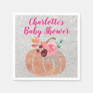 Herfst Bloemige Pompoen Baby Shower Roze Zilver Servet