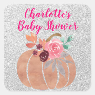 Herfst Bloemige Pompoen Baby Shower Roze Zilver Vierkante Sticker