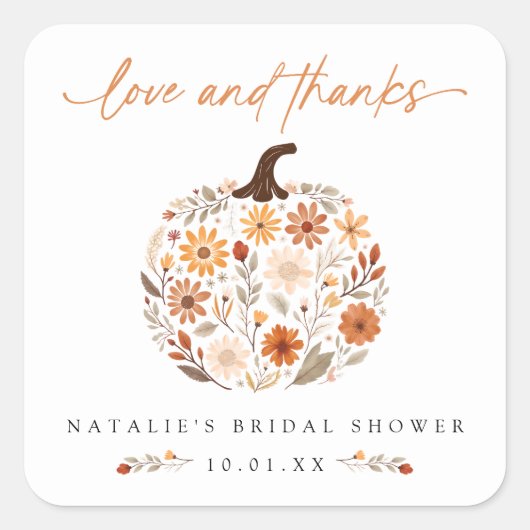 Herfst Bloemige Pompoen Bruiloft Dank Je Vierkante Sticker (Voorkant)