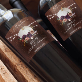 Herfst Bloemige Pompoen Houten Bruidsdiner Wijn Etiket