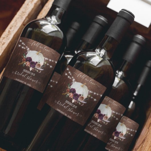 Herfst Bloemige Pompoen Houten Bruidsdouche Wijn Etiket