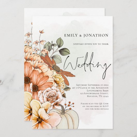 Herfst Bloemige Pompoen Script QR Code Bruiloft Kaart (Voorkant / Achterkant)