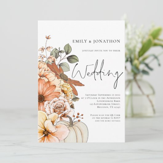 Herfst Bloemige Pompoen Script QR Code Trouw Uitno Kaart (Staand voorkant)
